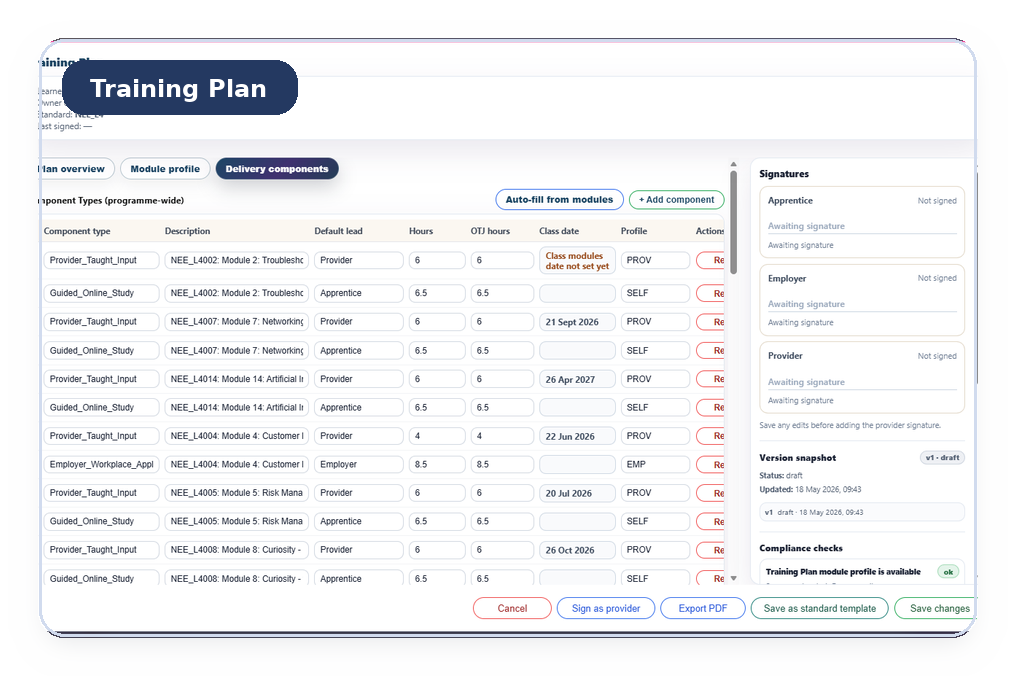 Training Plan delivery components and signatures screen