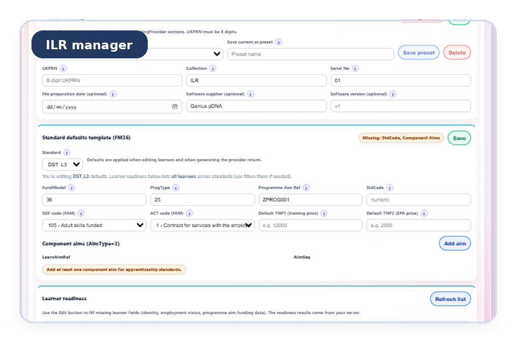 ILR Manager readiness screen